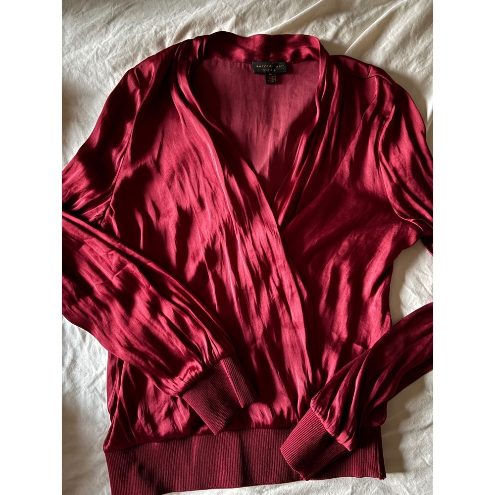 Current Air Wrap Blouse XS Burgundy Satin Ribbed Knit Cuff Romantic Coquette - Picture 4 of 7